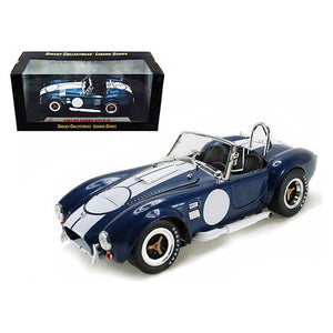 1965 Shelby Cobra 427 S/C Dark Blue Metallic with White Stripes with Printed Carroll Shelby's Signature on the Trunk 1/18 Diecast Model Car by Shelby Collectibles