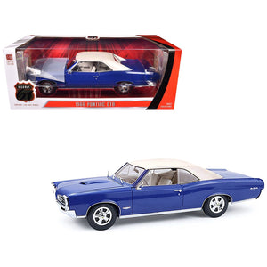 1966 Pontiac GTO Barrier Blue with White Top and Interior 1/18 Diecast Model Car by Highway 61