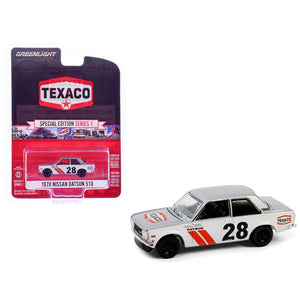 1970 Nissan Datsun 510 #28 "Texaco" Silver Metallic and White with Red Stripes "Texaco Special Edition" Series 1 1/64 Diecast Model Car by Greenlight