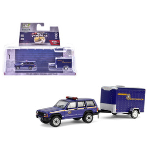 2001 Jeep Cherokee "New York State Police" Blue with Yellow Stripes and Small Cargo Trailer "Hot Pursuit Hitch & Tow" Series 1 1/64 Diecast Model Cars by Greenlight