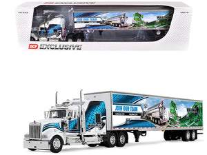Kenworth W900L with 86" Studio Sleeper and 53' Utility Trailer with Skirts "Walinga" White with Blue Graphics 1/64 Diecast Model by DCP/First Gear