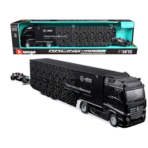 Mercedes-Benz Actros Gigaspace Car Transporter Black and Mercedes-AMG F1 W15 E Performance #63 George Russell "Petronas" Formula One F1 World Championship (2024) "Racing Hauler" Series 1/43 Diecast Model Car by Bburago