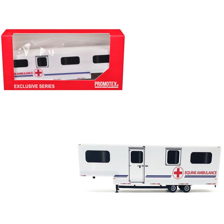 Equine Ambulance Trailer White with Blue Stripes 1/87 (HO) Plastic Model by Promotex