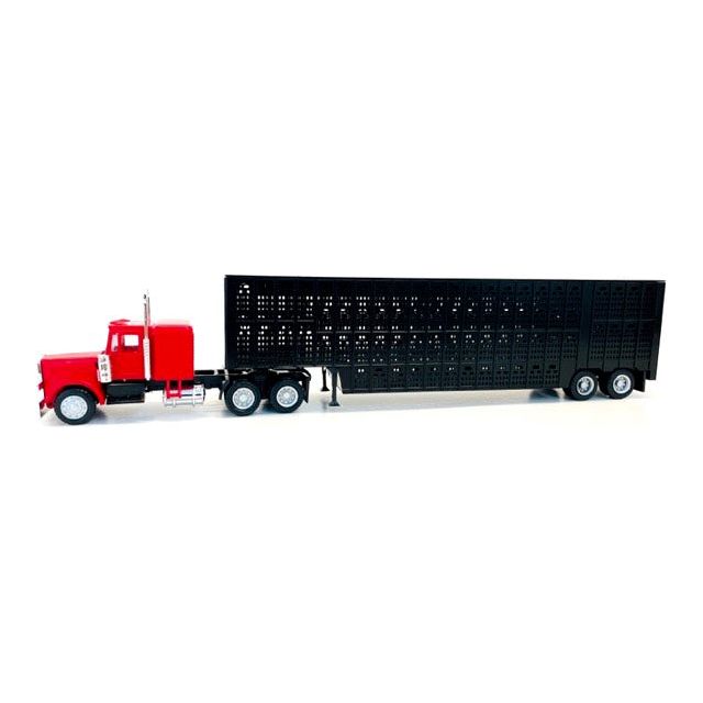 Peterbilt with Sleeper Cab Red with Black Livestock Trailer 1/87 (HO) Plastic Model Car by Promotex