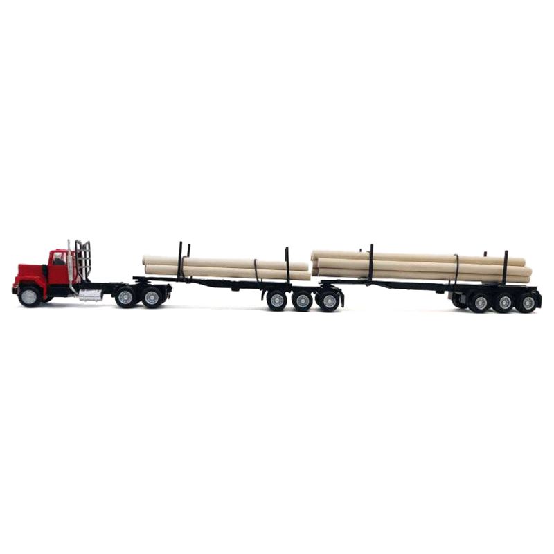 GMC Super B Log Truck and Trailer Red with Log Accessories 1/87 (HO) Plastic Model Car by Promotex