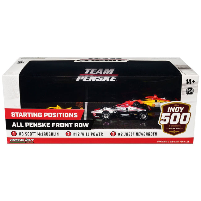 "108th Indianapolis 500" (2024) "All Penske Front Row" Set of 3 IndyCars 1/64 Diecast Model Cars by Greenlight-Greenlight-ModelCars.com