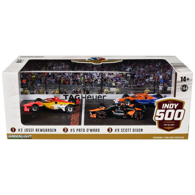 "108th Indianapolis 500" (2024) Podium Set of 3 IndyCars 1/64 Diecast Model Cars by Greenlight-Greenlight-ModelCars.com