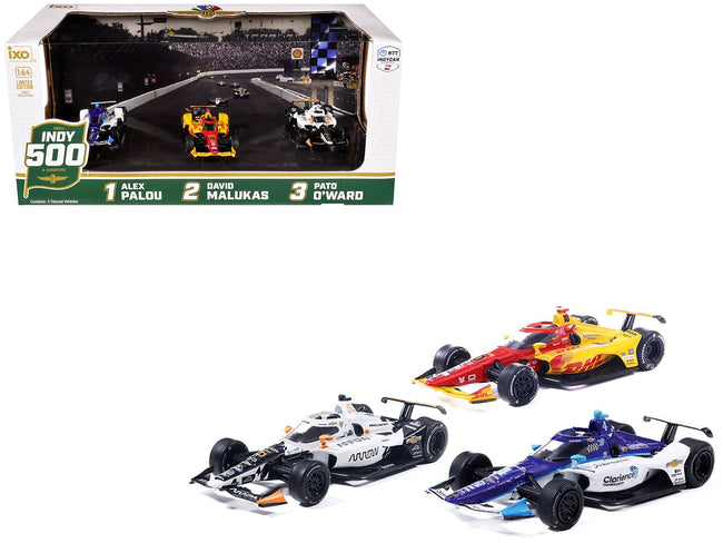 "109th Indianapolis 500" (2025) Podium Set of 3 IndyCars 1/64 Diecast Model Cars by IXO Models-IXO-ModelCars.com