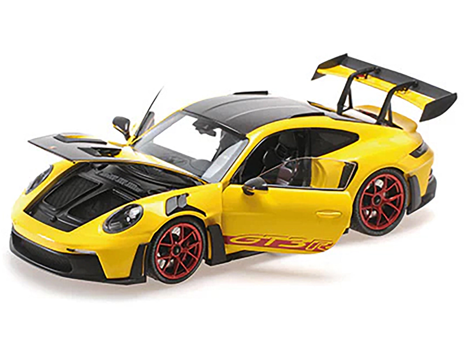 2024 Porsche 911 (992) GT3 RS "Weissach Package" Yellow with Carbon Top and Hood Stripes Limited Edition to 400 pieces Worldwide 1/18 Diecast Model Car by Minichamps