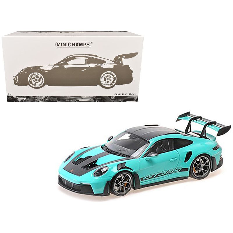 2024 Porsche 911 GT3 RS Green with Carbon Top and Hood Stripes Limited Edition to 400 pieces Worldwide 1/18 Diecast Model Car by Minichamps