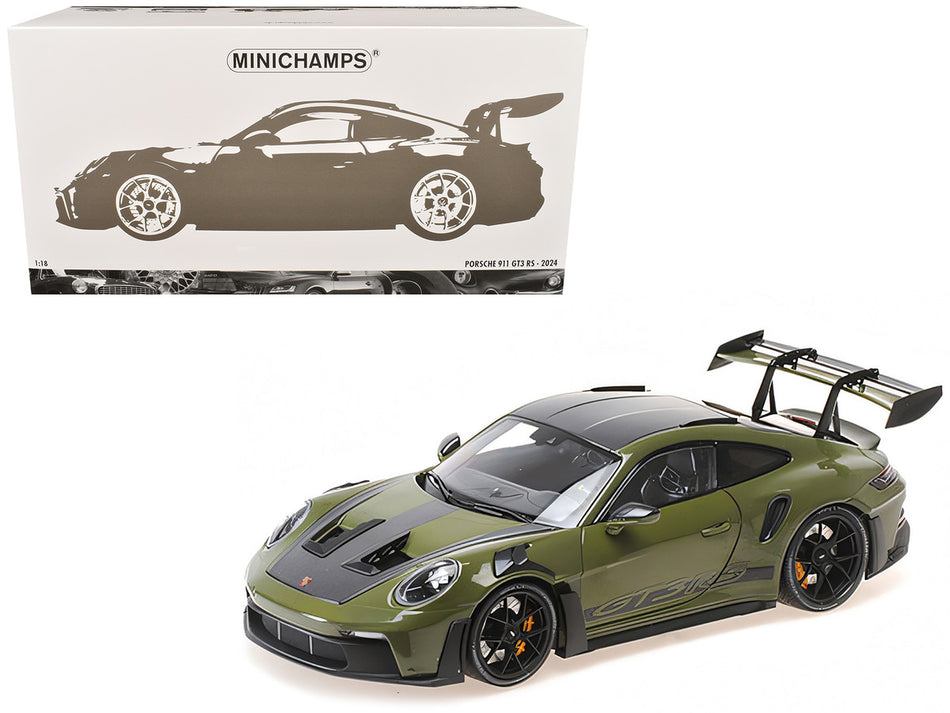 2024 Porsche 911 GT3 RS Nato Olive with Carbon Top and Hood Stripes Limited Edition to 400 pieces Worldwide 1/18 Diecast Model Car by Minichamps