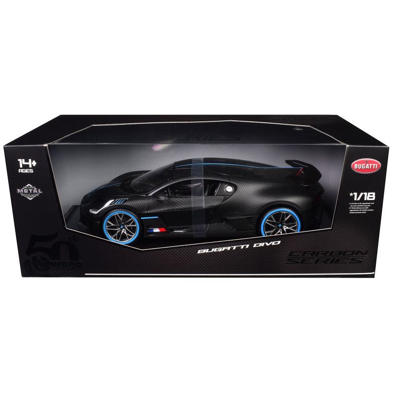 Bugatti Divo Carbon Fiber with Blue Accents "Carbon Series - Bburago 50th Anniversary" 1/18 Diecast Model Car by Bburago