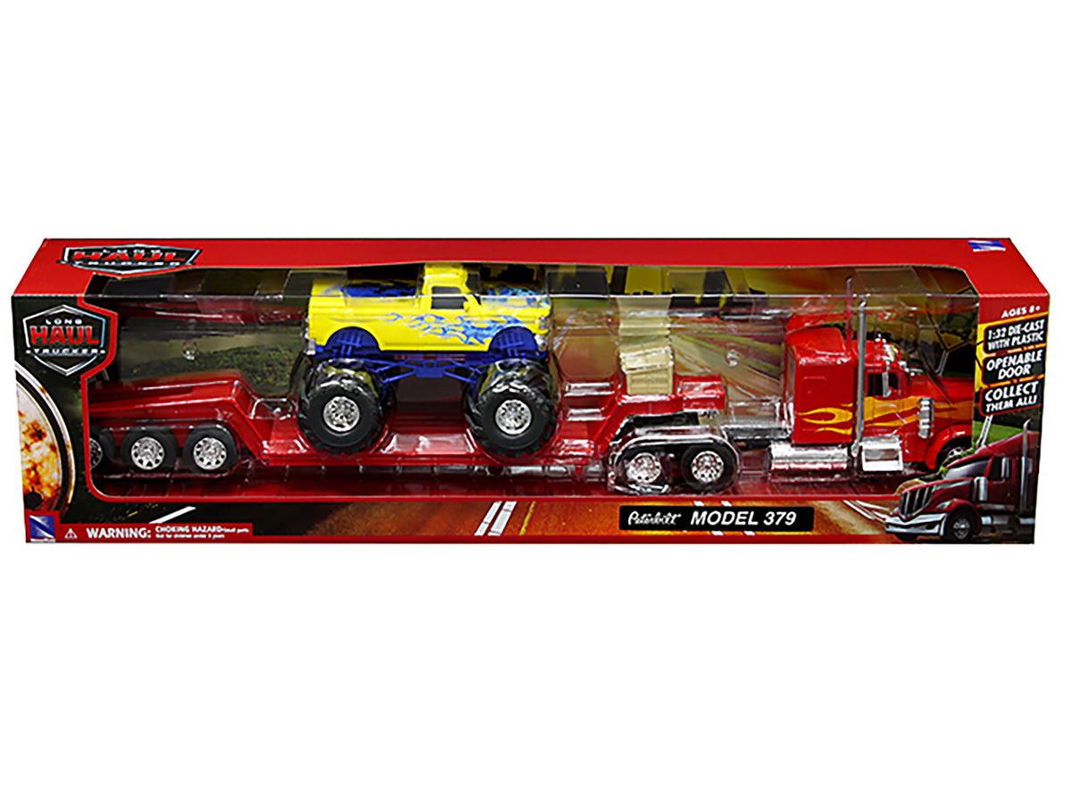 Peterbilt 379 Truck with Lowboy Trailer Red with Orange Flames and Monster Truck Yellow with Blue Flames "Long Haul Truckers" Series 1/32 Diecast Model by New Ray - view 3