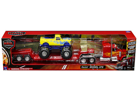 Peterbilt 379 Truck with Lowboy Trailer Red with Orange Flames and Monster Truck Yellow with Blue Flames "Long Haul Truckers" Series 1/32 Diecast Model by New Ray - view 3