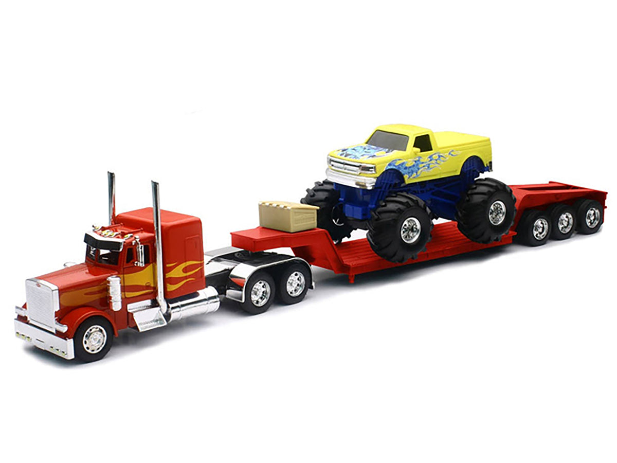 Peterbilt 379 Truck with Lowboy Trailer Red with Orange Flames and Monster Truck Yellow with Blue Flames "Long Haul Truckers" Series 1/32 Diecast Model by New Ray - view 2