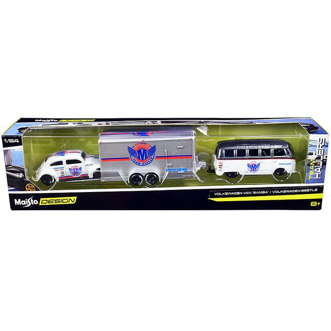 Volkswagen Samba Bus Dark Gray Metallic and White with Volkswagen Beetle White Metallic and Enclosed Car Trailer Silver "Toyo Tires" "Team Haulers" Series 1/64 Diecast Model Cars by Maisto