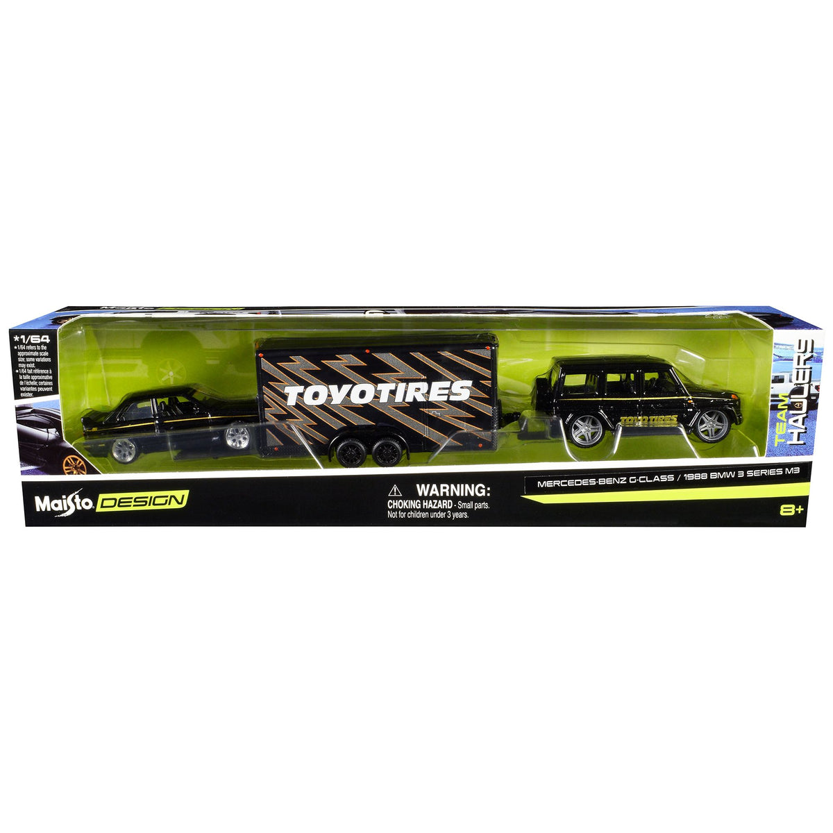 Mercedes-Benz G-Class Black with Gold Stripes and 1988 BMW 3 Series M3 Black with Gold Stripes with Enclosed Car Trailer "Toyo Tires" "Team Haulers" Series 1/64 Diecast Model Cars by Maisto