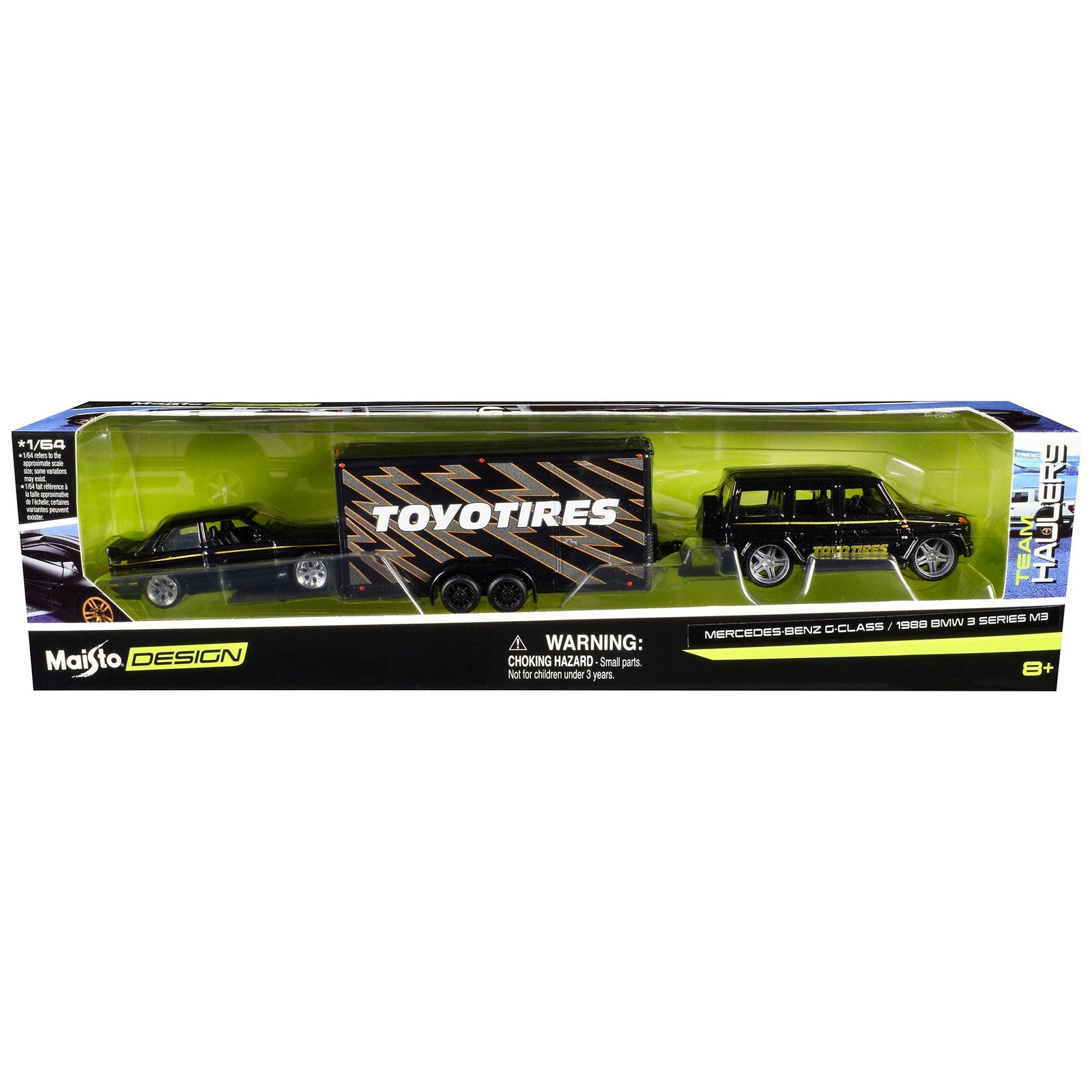 Mercedes-Benz G-Class Black with Gold Stripes and 1988 BMW 3 Series M3 Black with Gold Stripes with Enclosed Car Trailer "Toyo Tires" "Team Haulers" Series 1/64 Diecast Model Cars by Maisto