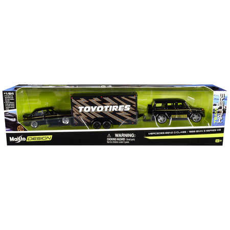 Mercedes-Benz G-Class Black with Gold Stripes and 1988 BMW 3 Series M3 Black with Gold Stripes with Enclosed Car Trailer "Toyo Tires" "Team Haulers" Series 1/64 Diecast Model Cars by Maisto