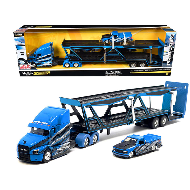Mack Anthem Open Car Hauler Blue with Graphics and 1993 Chevrolet 454 SS Pickup Truck Blue with Graphics "Toyo Tires" "Transporters" Series 1/64 Diecast Models by Maisto