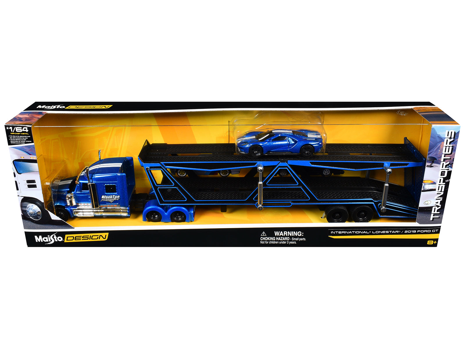 International Lonestar "BlackTop Transport" Open Car Hauler Blue Metallic with White Stripes and Graphics and 2019 Ford GT Blue Metallic with White Stripes "Transporters" Series 1/64 Diecast Models by Maisto