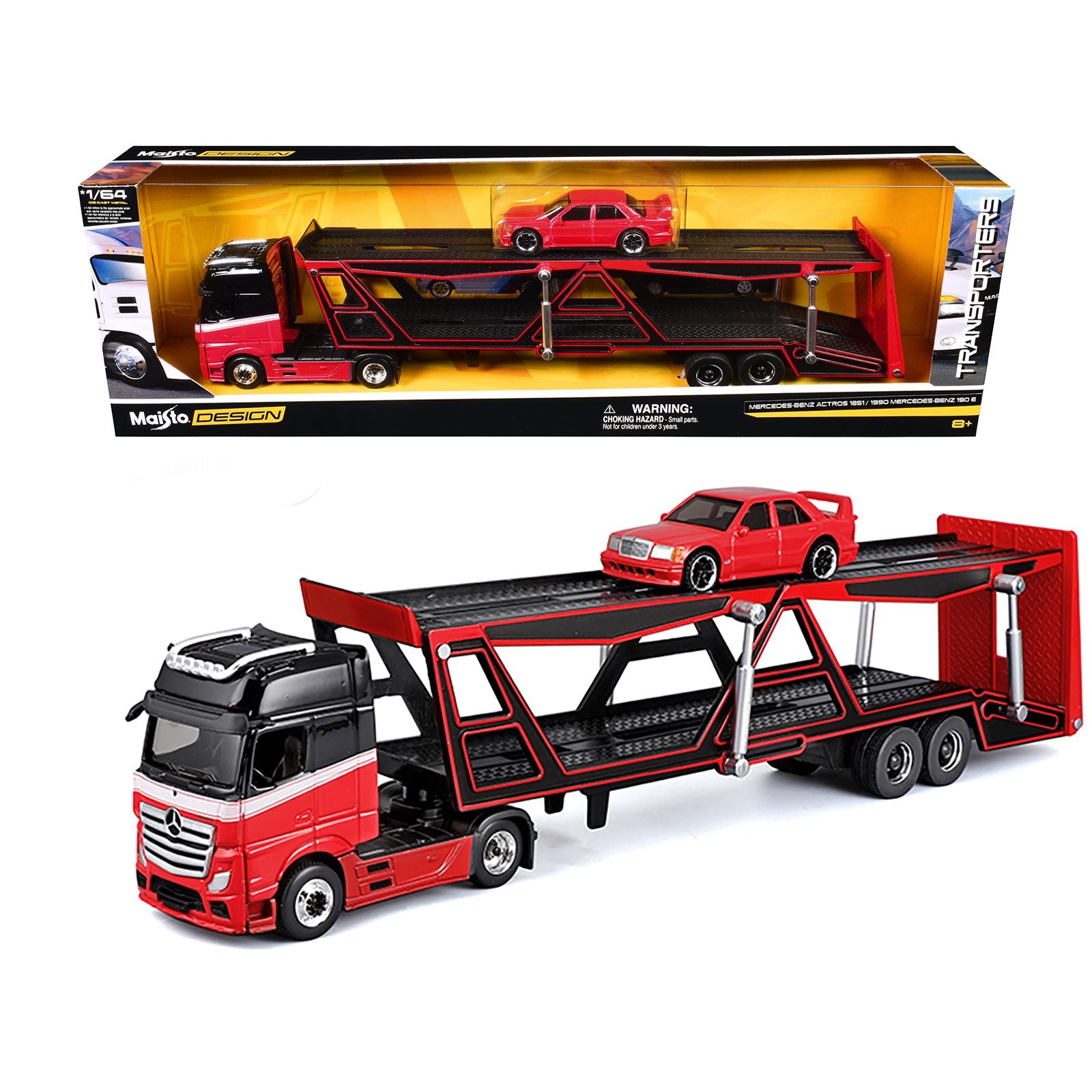 Mercedes-Benz Actros Open Car Hauler Red and Black with White Stripes and 1990 Mercedes-Benz 190E Red "Transporters" Series 1/64 Diecast Models by Maisto