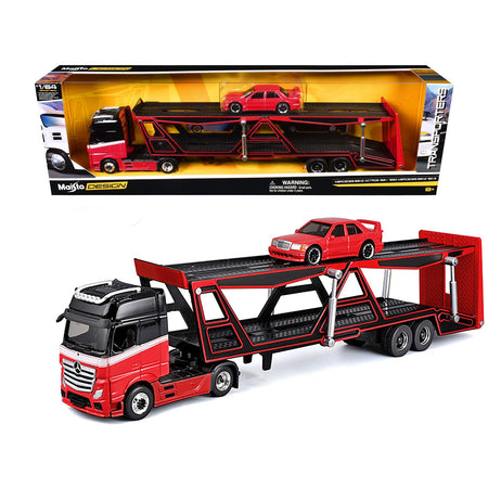 Mercedes-Benz Actros Open Car Hauler Red and Black with White Stripes and 1990 Mercedes-Benz 190E Red "Transporters" Series 1/64 Diecast Models by Maisto