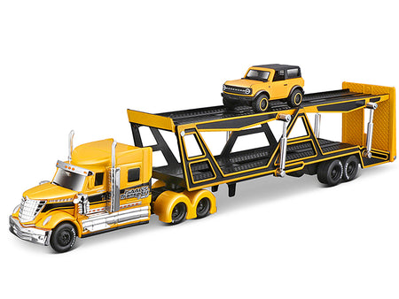 International Lonestar Open Car Hauler Yellow with Black Stripes and 2021 Ford Bronco Badlands Yellow with Black Top "Transporters" Series 1/64 Diecast Models by Maisto