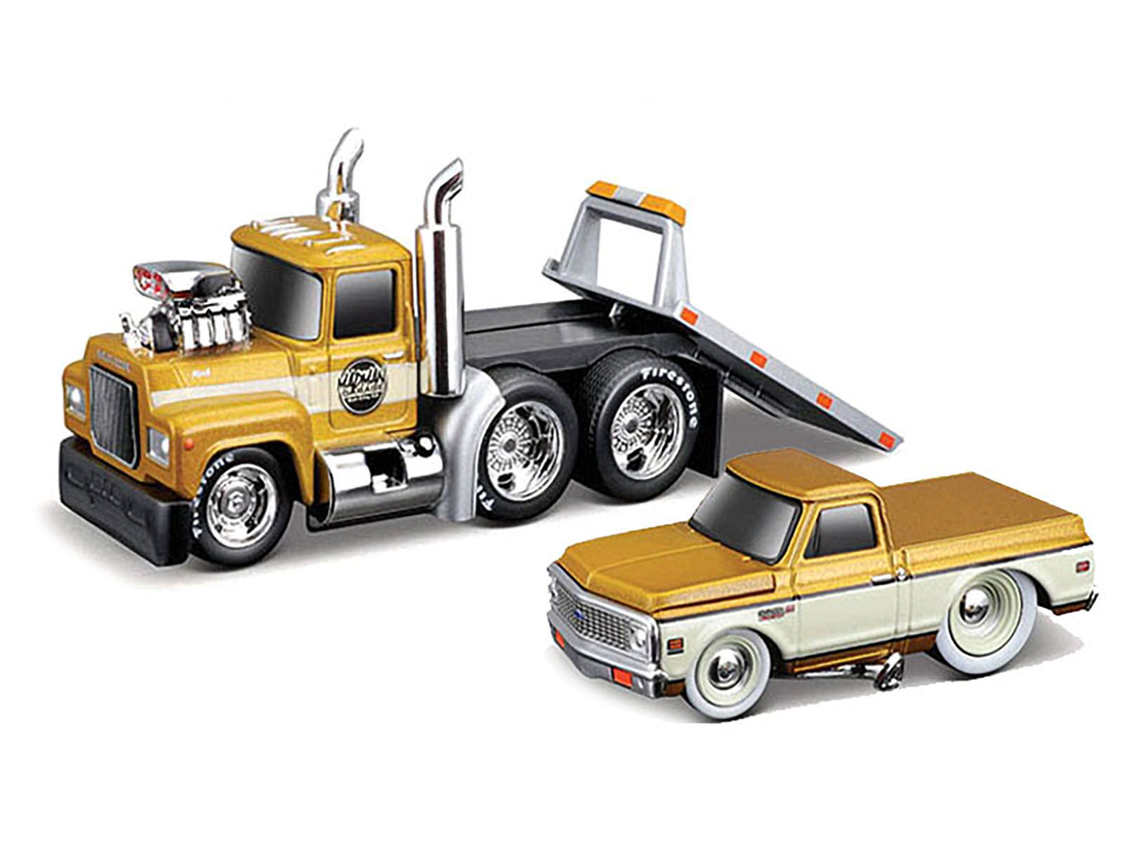 1980 Mack A685ST Flatbed Truck Gold Metallic with Beige Stripes "Madman Garage" and 1972 Chevrolet C10 Pickup Truck Gold Metallic and Beige "Muscle Transports" Series 1/64 Diecast Models by Muscle Machines