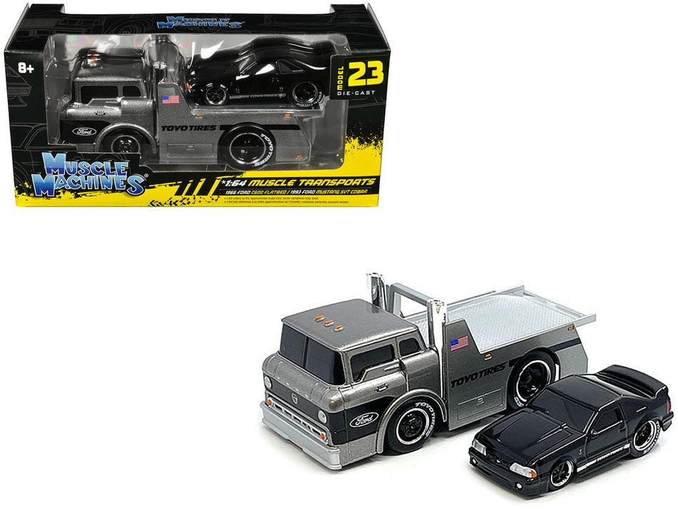 1966 Ford C600 Flatbed Truck Gray Metallic and 1993 Ford Mustang SVT Cobra Black "Toyo Tires" "Muscle Transports" Series 1/64 Diecast Models by Muscle Machines