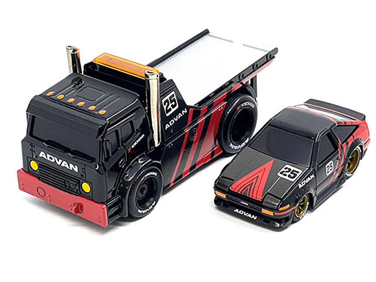 JDM Flatbed Truck #25 Black and Red and 1983-85 Toyota Trueno Sprinter (AE86) #25 Black and Red "Advan" Livery "Muscle Transports" Series 1/64 Diecast Models by Muscle Machines