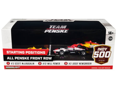 "108th Indianapolis 500" (2024) "All Penske Front Row" Set of 3 IndyCars 1/64 Diecast Model Cars by Greenlight