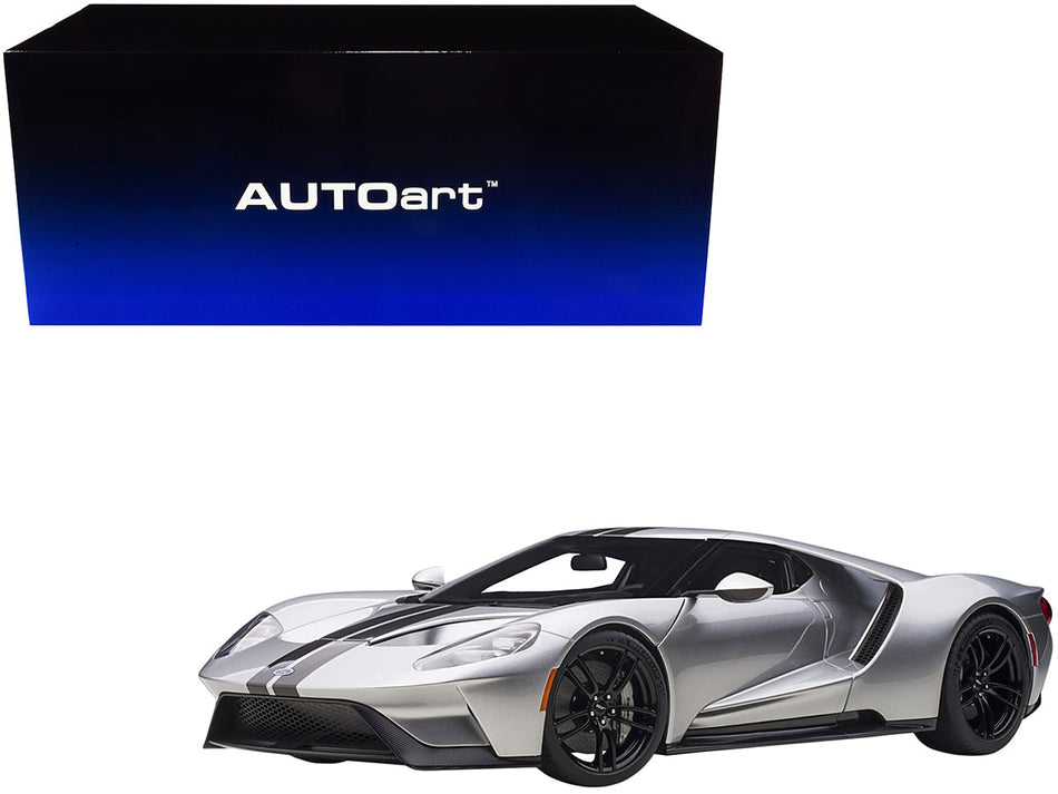 2017 Ford GT Ingot Silver Metallic with Black Stripes 1/12 Model Car by Autoart