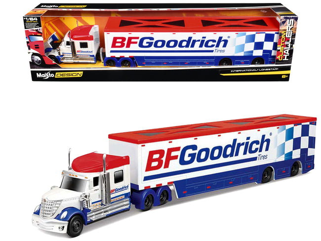 International LoneStar Enclosed Car Transporter "BF Goodrich" White with Blue Stripes and Red Top "Custom Haulers" Series 1/64 Diecast Model by Maisto