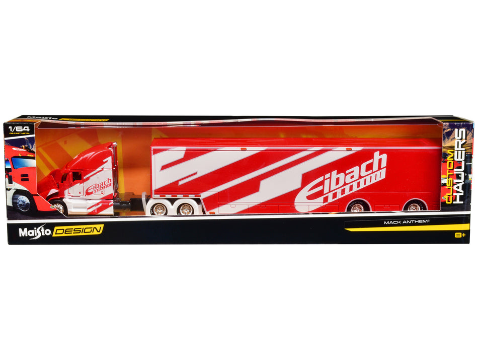 Mack Anthem Enclosed Car Transporter "Eibach" Red with White Graphics "Custom Haulers" Series 1/64 Diecast Model by Maisto