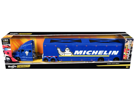 Mack Anthem Enclosed Car Transporter "Michelin" Blue "Custom Haulers" Series 1/64 Diecast Model by Maisto