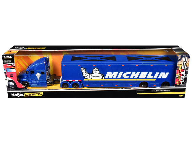 Mack Anthem Enclosed Car Transporter "Michelin" Blue "Custom Haulers" Series 1/64 Diecast Model by Maisto