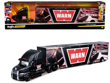 Mack Anthem Enclosed Car Transporter "WARN - Go Prepared" Black with Graphics "Custom Haulers" Series 1/64 Diecast Model by Maisto