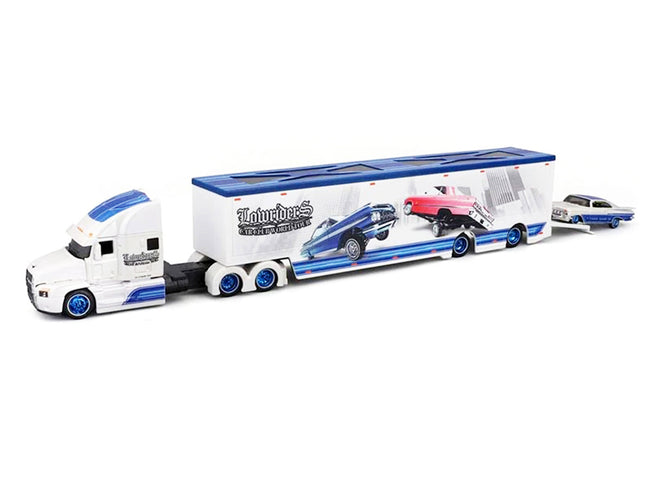 Mack Anthem Enclosed Car Transporter "Lowriders Car Club World Tour" White Metallic with Blue Top and 1959 Chevrolet Impala SS White Metallic with Blue Top and Graphics "Custom Haulers" Series 1/64 Diecast Model by Maisto