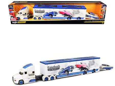 Mack Anthem Enclosed Car Transporter "Lowriders Car Club World Tour" White Metallic with Blue Top and 1959 Chevrolet Impala SS White Metallic with Blue Top and Graphics "Custom Haulers" Series 1/64 Diecast Model by Maisto