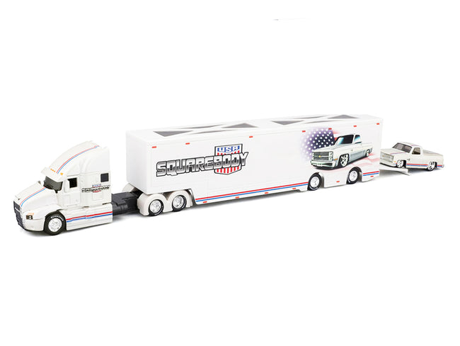 Mack Anthem Enclosed Car Transporter "Squarebody USA" White Metallic with Red and Blue Stripes and 1987 Chevrolet 1500 Pickup Truck White Metallic with Red and Blue Stripes "Custom Haulers" Series 1/64 Diecast Model by Maisto