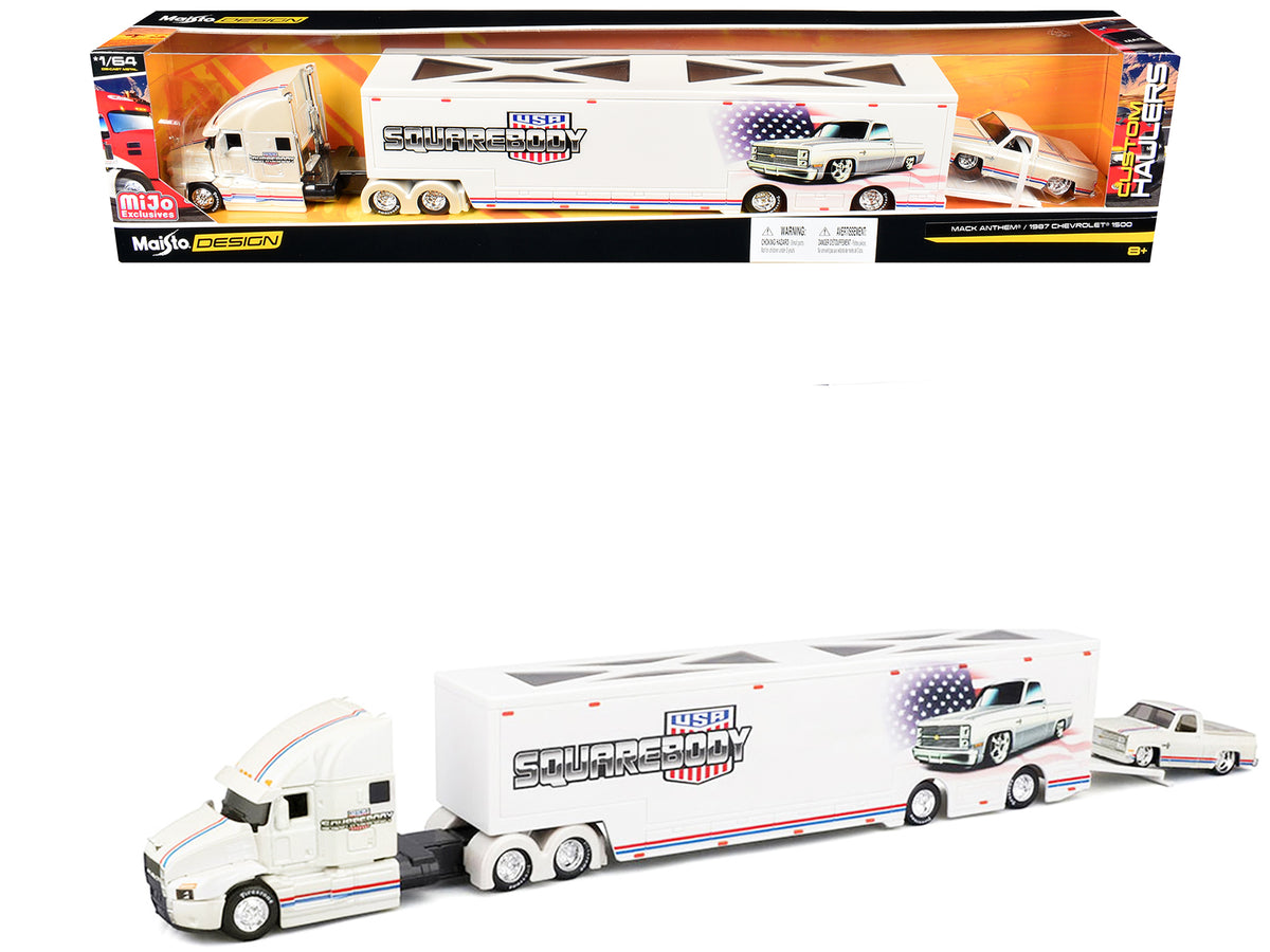 Mack Anthem Enclosed Car Transporter "Squarebody USA" White Metallic with Red and Blue Stripes and 1987 Chevrolet 1500 Pickup Truck White Metallic with Red and Blue Stripes "Custom Haulers" Series 1/64 Diecast Model by Maisto