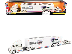 Mack Anthem Enclosed Car Transporter "Squarebody USA" White Metallic with Red and Blue Stripes and 1987 Chevrolet 1500 Pickup Truck White Metallic with Red and Blue Stripes "Custom Haulers" Series 1/64 Diecast Model by Maisto