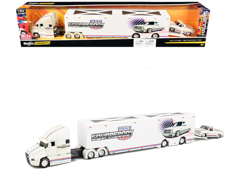 Mack Anthem Enclosed Car Transporter "Squarebody USA" White Metallic with Red and Blue Stripes and 1987 Chevrolet 1500 Pickup Truck White Metallic with Red and Blue Stripes "Custom Haulers" Series 1/64 Diecast Model by Maisto