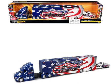 Mack Anthem Enclosed Car Transporter "USA 250 Years" Blue with Star Graphics and 1993 Chevrolet 454 SS Pickup Truck White Metallic with Graphics "Custom Haulers" Series 1/64 Diecast Model by Maisto
