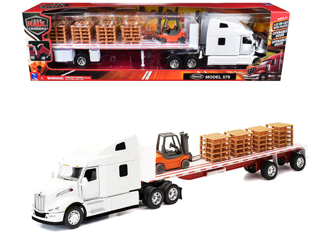 Peterbilt 579 Truck White with Flatbed Trailer White and Load of Forklift and Pallets "Long Haul Truckers" Series 1/32 Diecast Model by New Ray