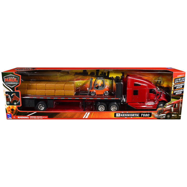 Kenworth T680 Truck Red and Flatbed Trailer with Forklift and Hay Load "Long Haul Trucker" Series 1/32 Diecast Model by New Ray