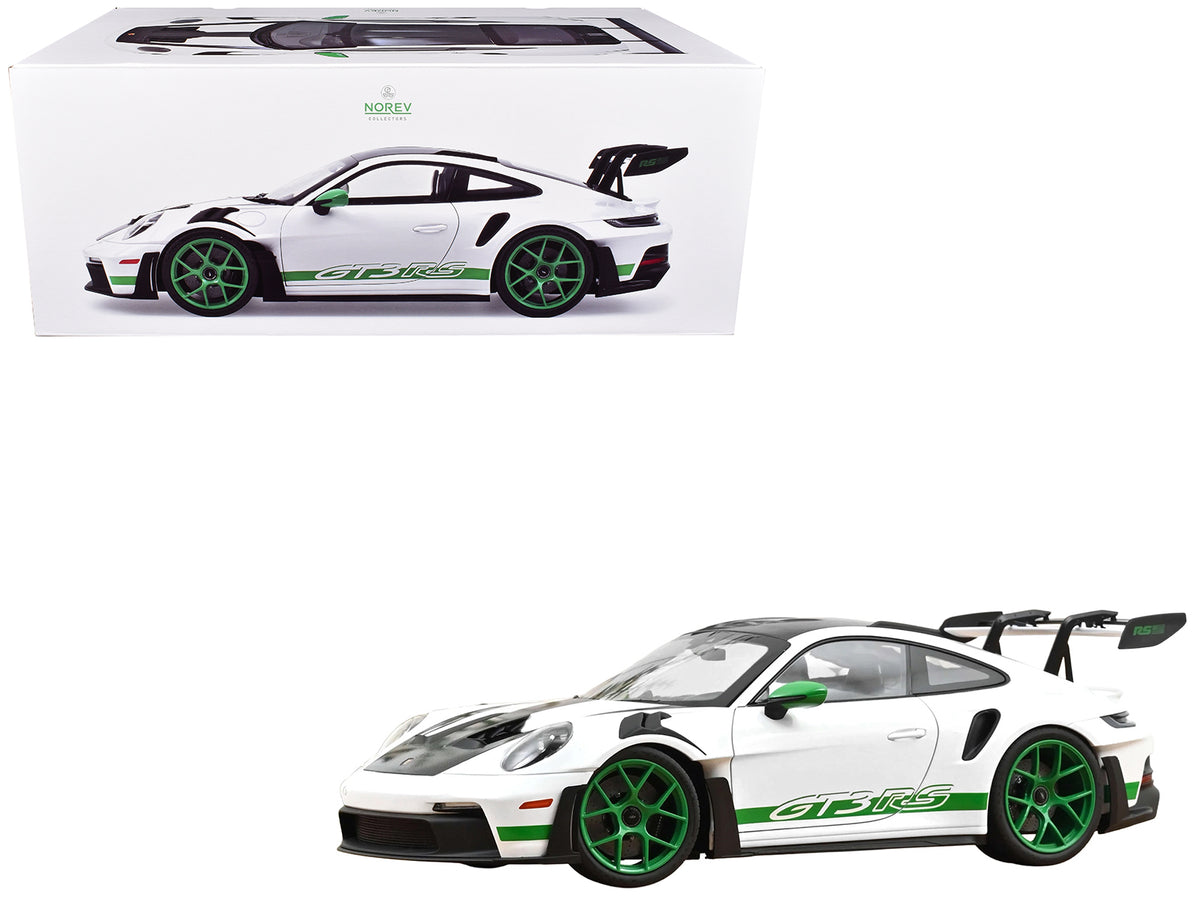 2022 Porsche 911 GT3 RS with Weissach Pack "Tribute to Carrera RS" White with Carbon Hood and Top and Python Green Stripes 1/12 Diecast Model Car by Norev
