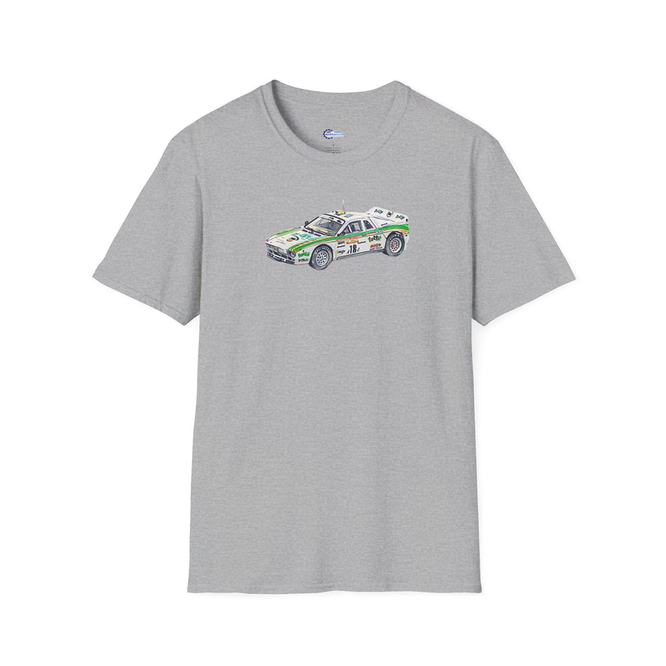 Lancia 037 Rally #18 Miki Biasion - Tiziano Siviero "Rallye Sanremo" (1983) - Cartoon Art  - Unisex T-Shirt