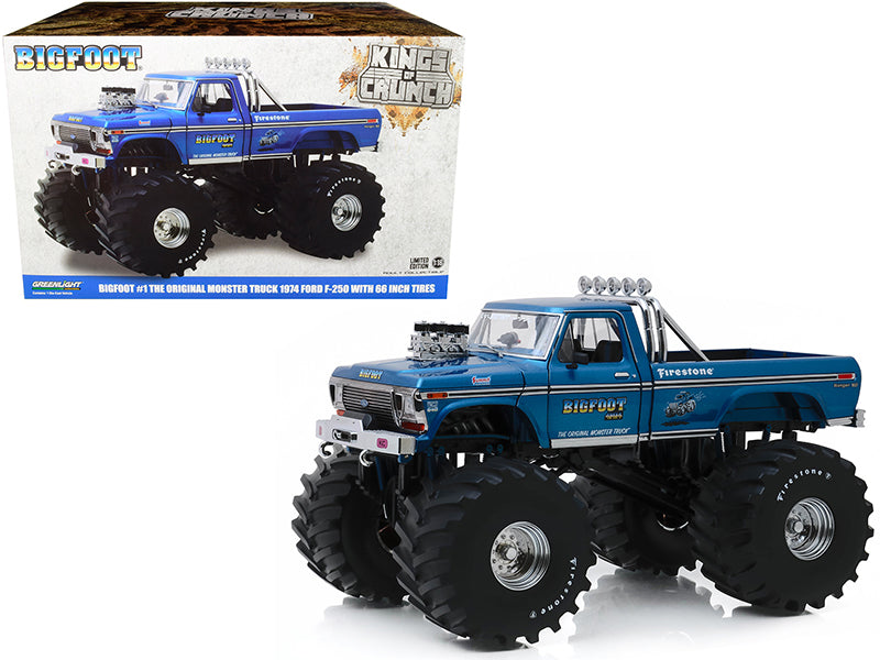 1974 Ford F-250 Ranger XLT Monster Truck with 66-Inch Tires Blue "Bigfoot #1" "Kings of Crunch" Series 1/18 Diecast Model Car by Greenlight